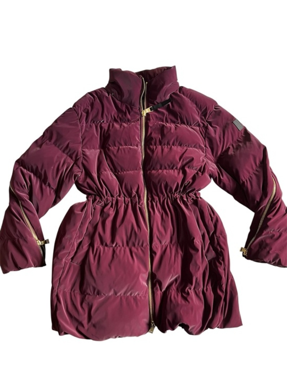 Athleta x Alicia Keys Quilted Burgundy Puffer Jacket with Gold Zippers